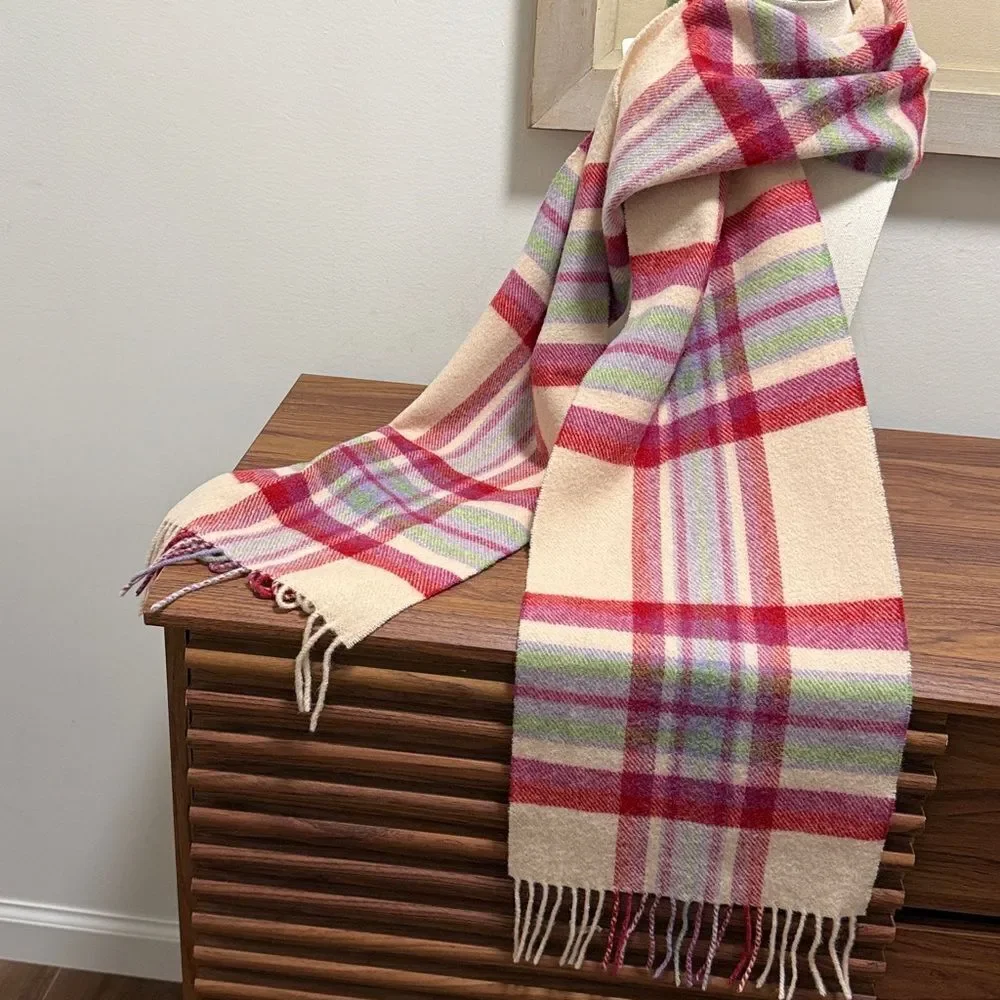 Aran Sweater Market Lambs Wool Woven Plaid Scarf with Fringe. Unisex.